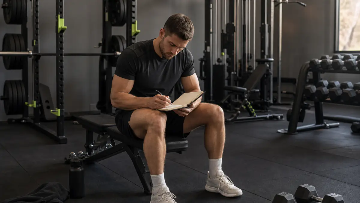 Atleta anotando una serie en un cuaderno entre ejercicios de una sesión full body
