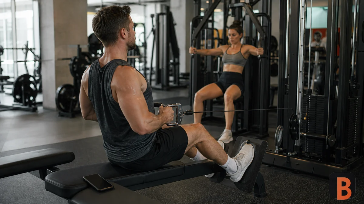 Two athletes completing a timed hypertrophy workout between gym machines