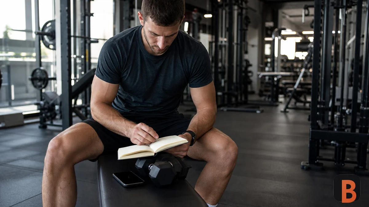 Athlete reviewing a weekly training log beside a phone and dumbbells in a gym