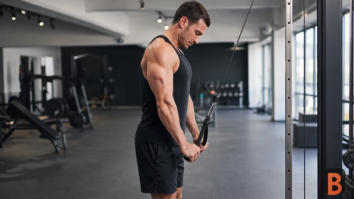 Athlete performs a controlled cable triceps extension
