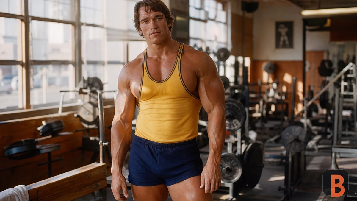 Recreación fotográfica realista de Arnold Schwarzenegger posando en un gimnasio dorado de los años setenta