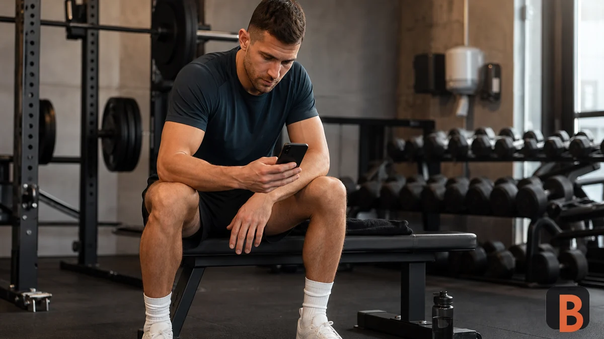 Hypertrophy athlete checking his iPhone between sets in a gym