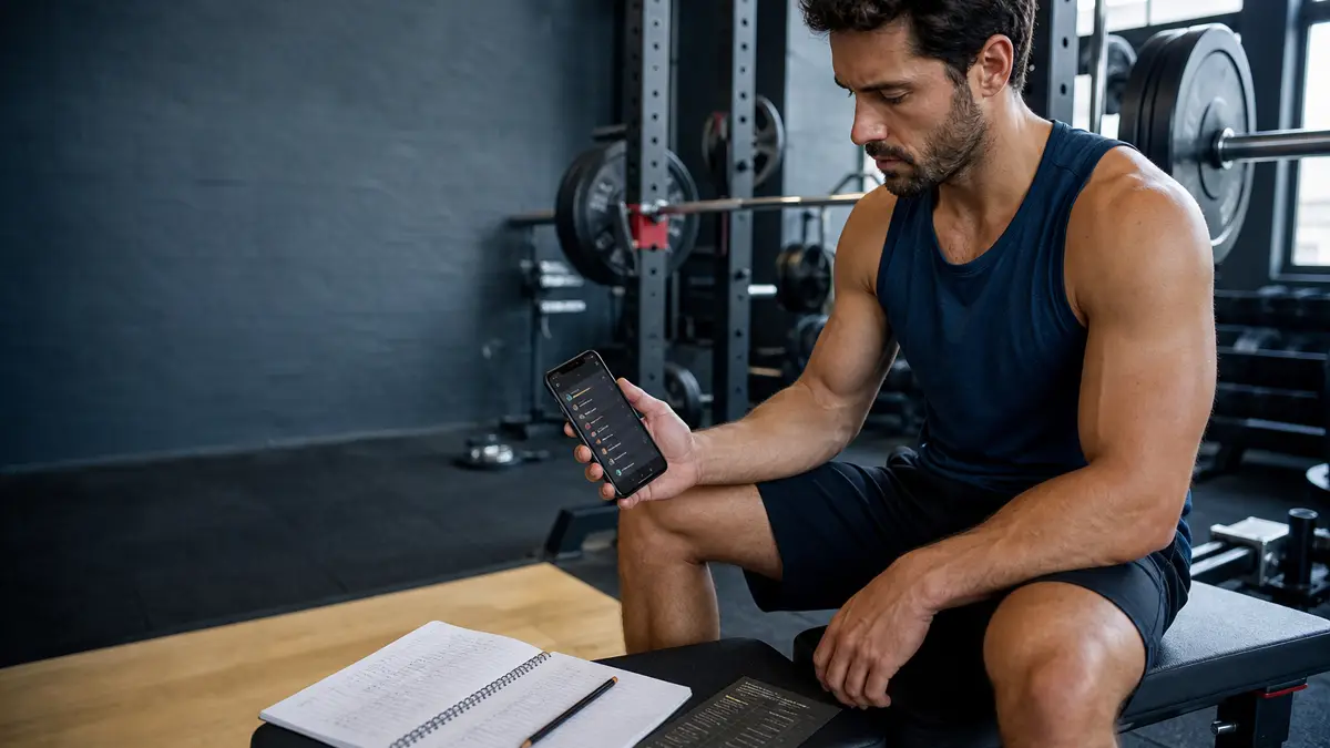 Atleta compara una rutina de hipertrofia en el móvil con su cuaderno de entrenamiento