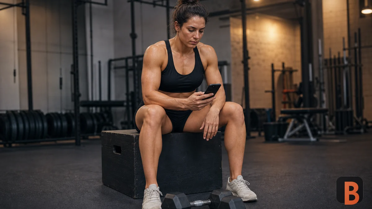 Athlete logging set effort on a phone beside a pair of dumbbells