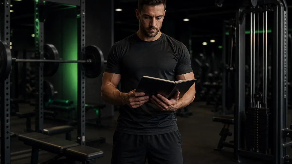 Atleta revisando un cuaderno de entrenamiento frente a un rack en el gimnasio
