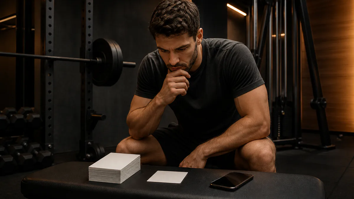 Atleta comparando varias tarjetas de programa en blanco y un móvil