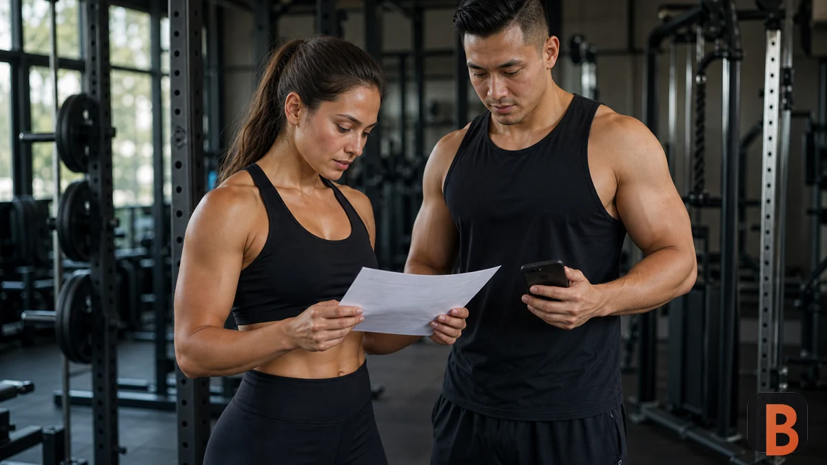 Two athletes compare a printed plan and a mobile log before training