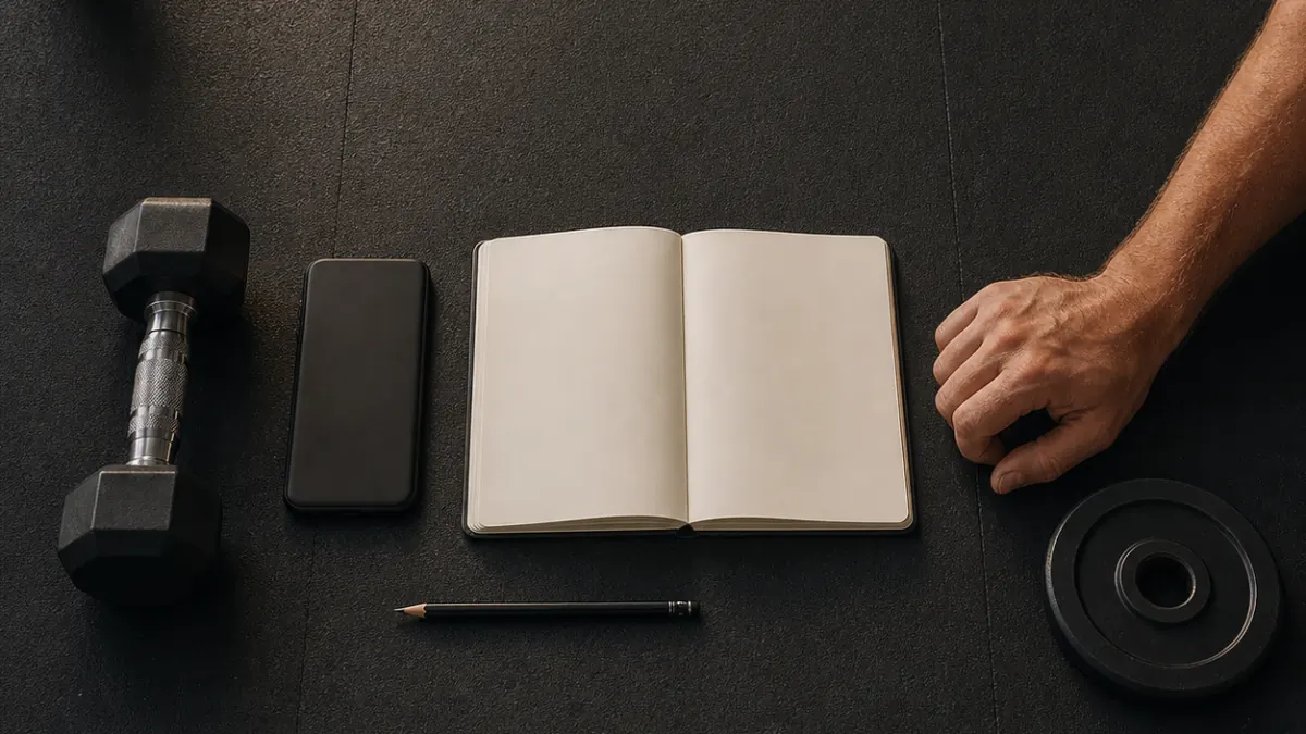 Cuaderno en blanco, móvil, mancuerna y disco ordenados en el suelo de un gimnasio