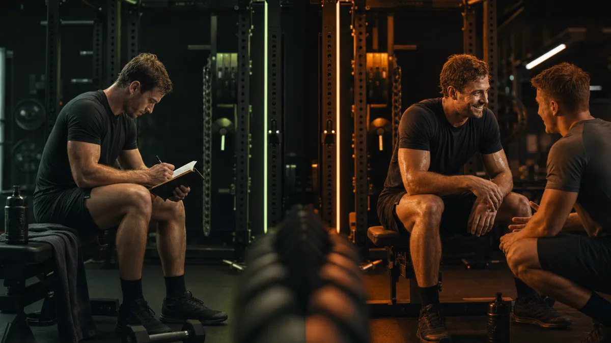 Composición dividida con un atleta anotando a la izquierda y conversando con otra persona a la derecha