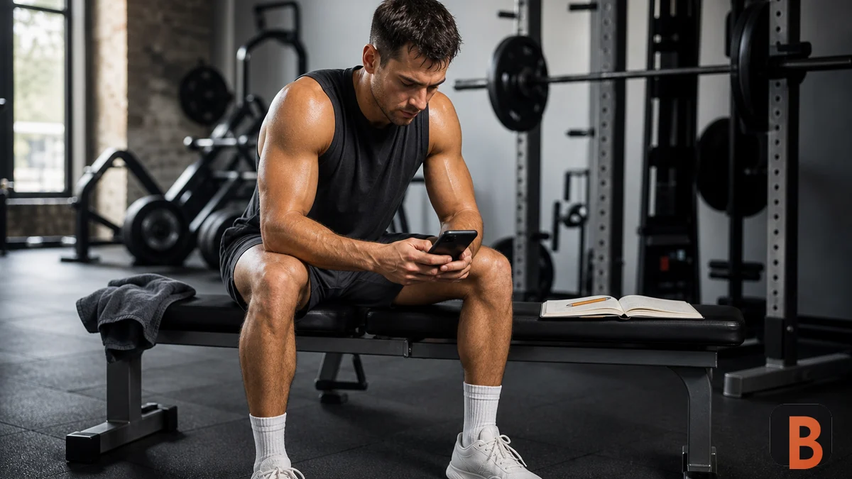 Athlete logs a set on an unbranded phone beside an open training notebook
