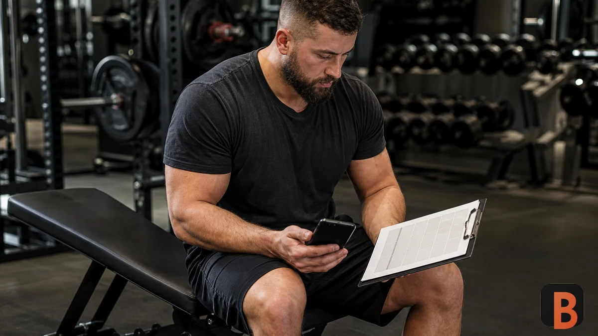 Athlete reviewing a session and a training calendar beside a gym bench