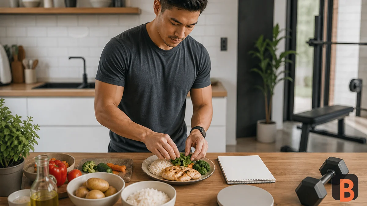 Atleta prepara una comida equilibrada junto a un cuaderno, una báscula de cocina y una mancuerna