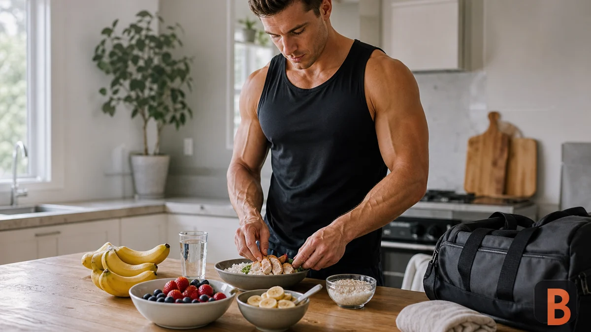 Athlete prepares rice, fruit and oats beside a gym bag
