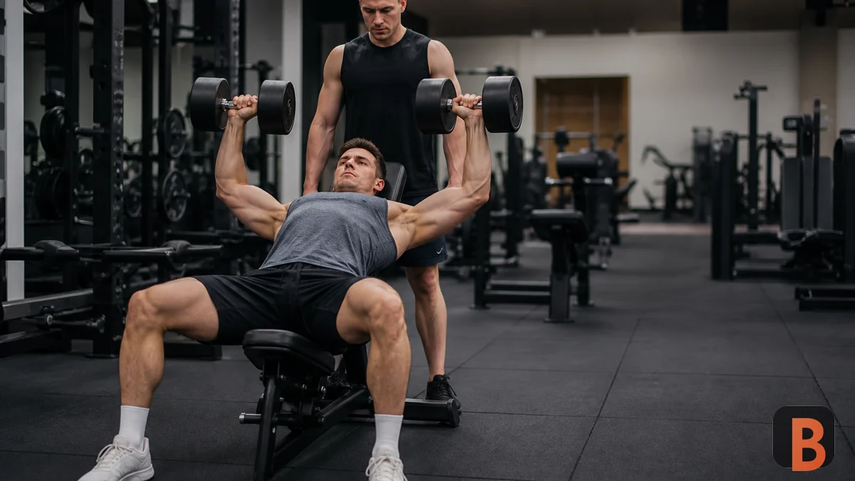 Athlete performing a controlled incline dumbbell press in a gym