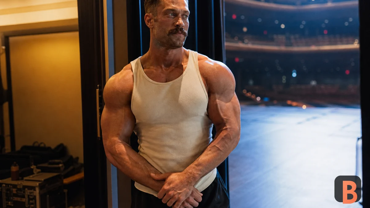 Recreación fotográfica realista de Chris Bumstead con físico clásico bajo luces de escenario