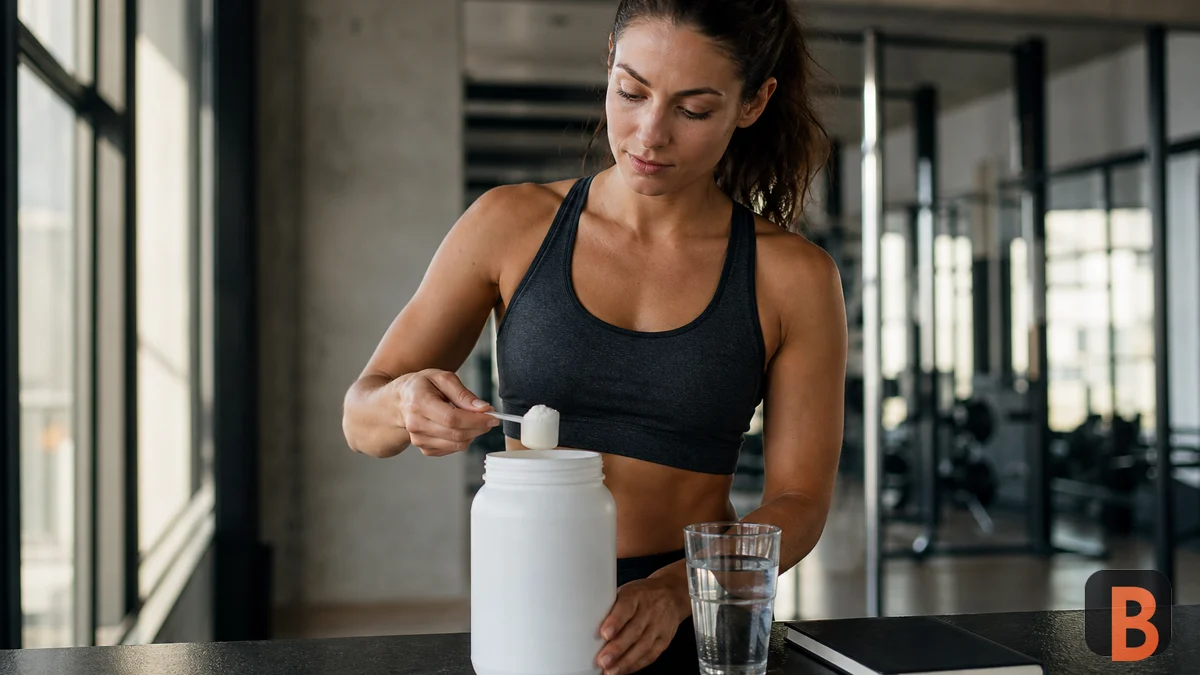Athlete measures unbranded powder beside a glass of water and a training notebook