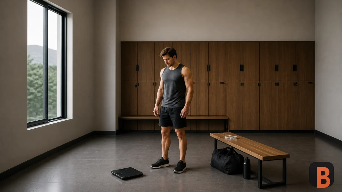 Athlete considers the next phase beside a scale and measuring tape