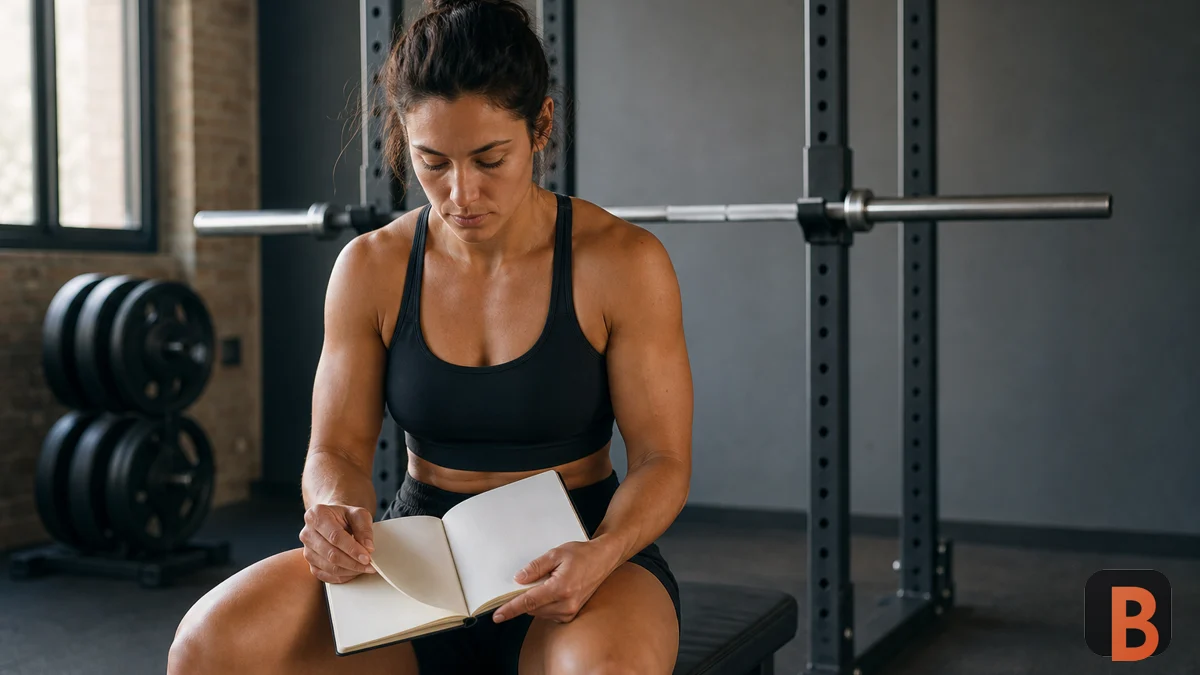 Athlete reviews a training block in a notebook beside a barbell