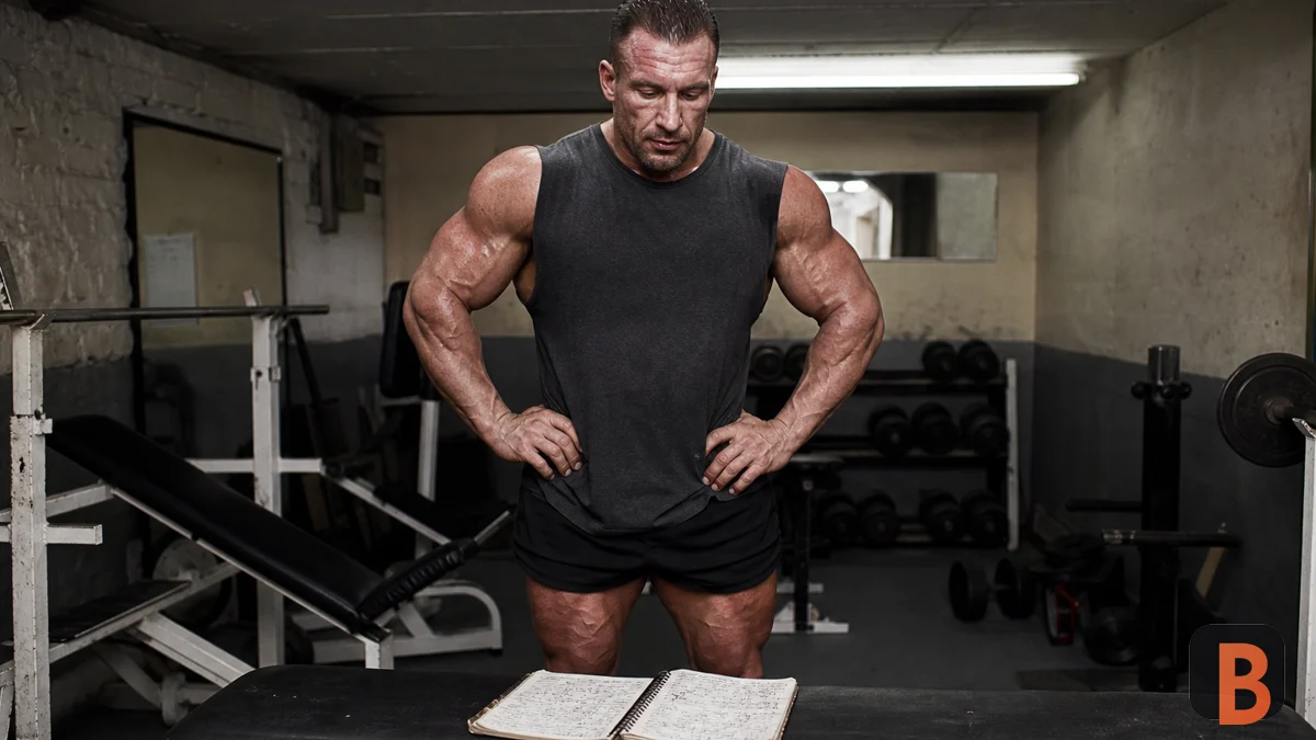 Recreación fotográfica realista de Dorian Yates musculado en un gimnasio subterráneo de Birmingham