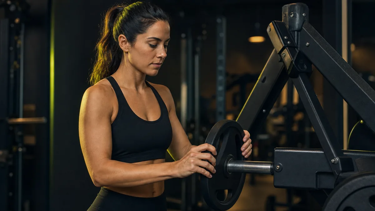 Atleta añadiendo un disco a una máquina de gimnasio antes de la siguiente serie