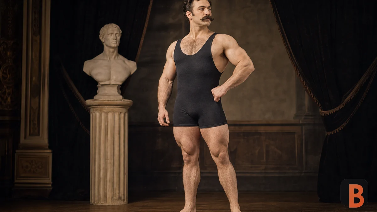 Recreación fotográfica realista de Eugen Sandow posando como atleta de cultura física victoriana