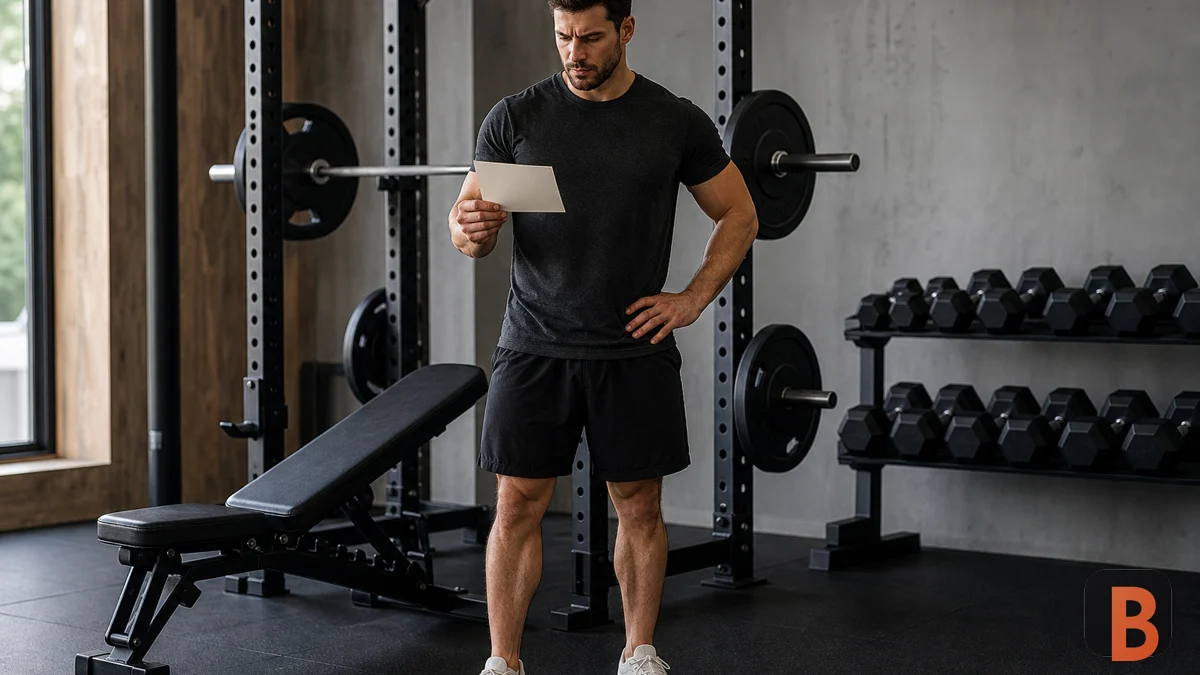 Athlete organizes a hypertrophy workout with a notebook beside the rack
