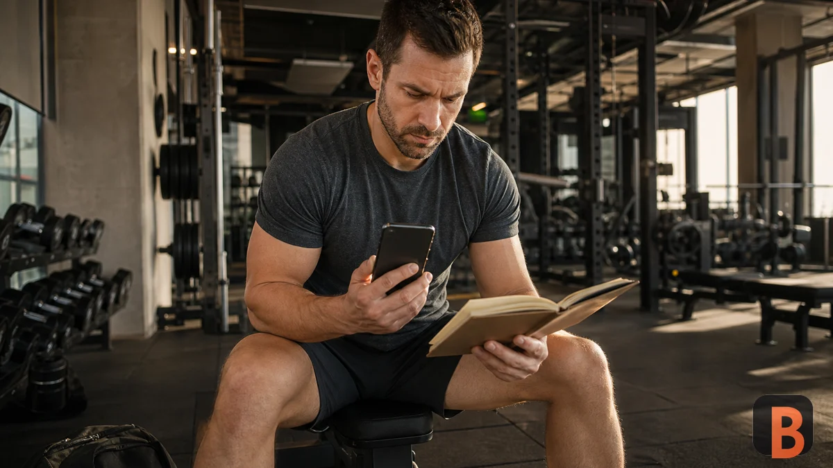Athlete reviews a notebook and an unbranded phone before organising the workout