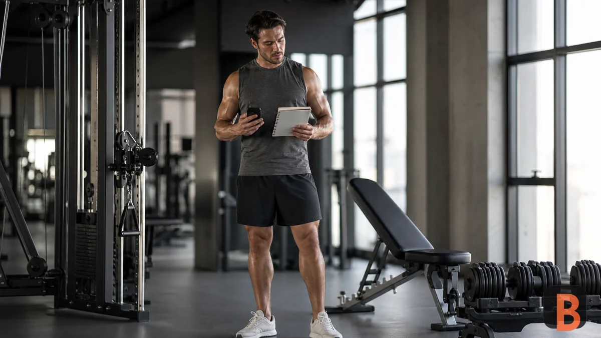 Athlete compares a training notebook with his phone between machines and dumbbells