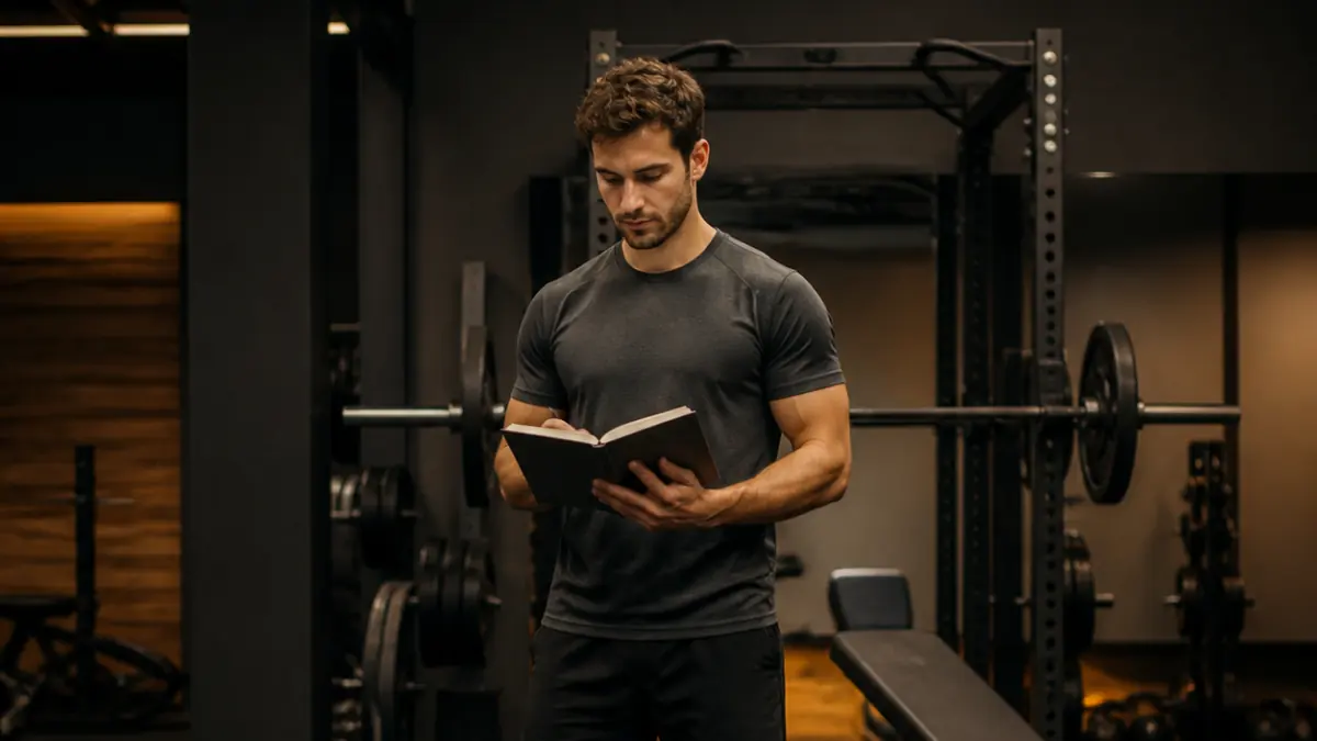 Atleta revisando su cuaderno entre sesiones de una rutina de hipertrofia de cuatro días