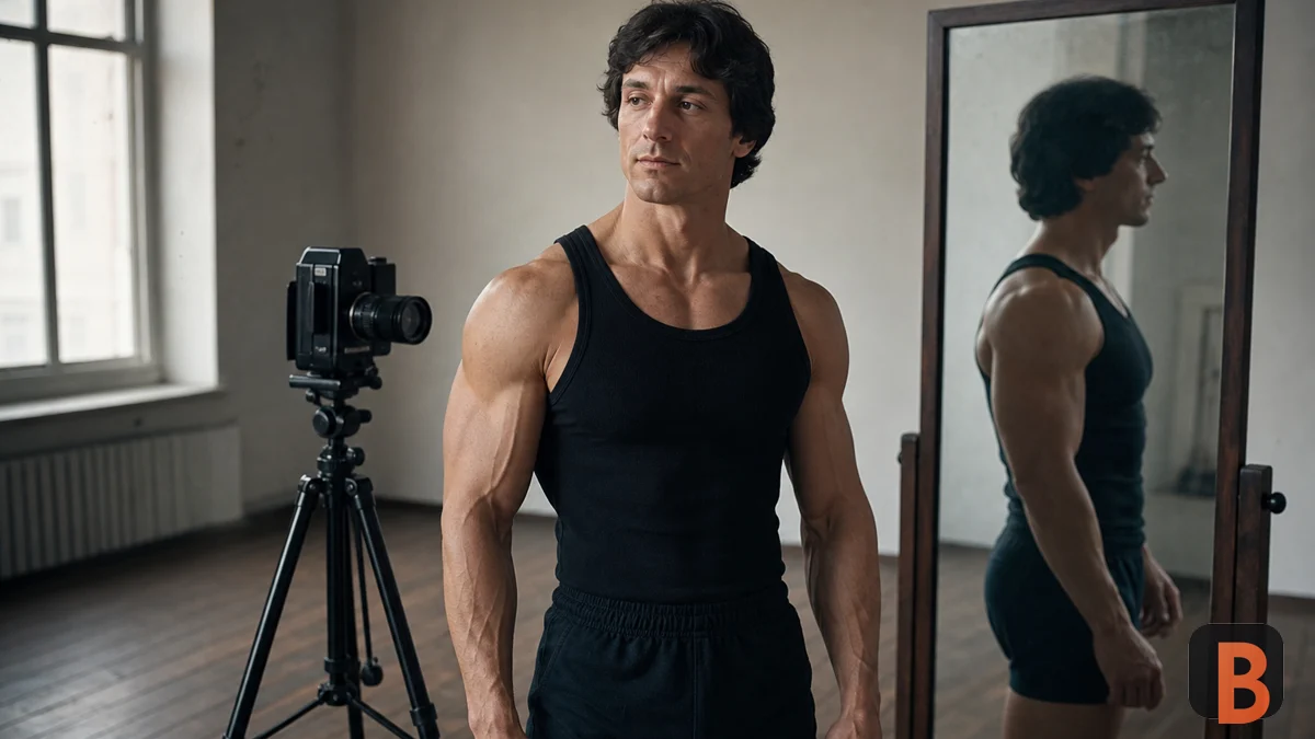 Recreación fotográfica realista de Frank Zane practicando posing ante una cámara en un estudio