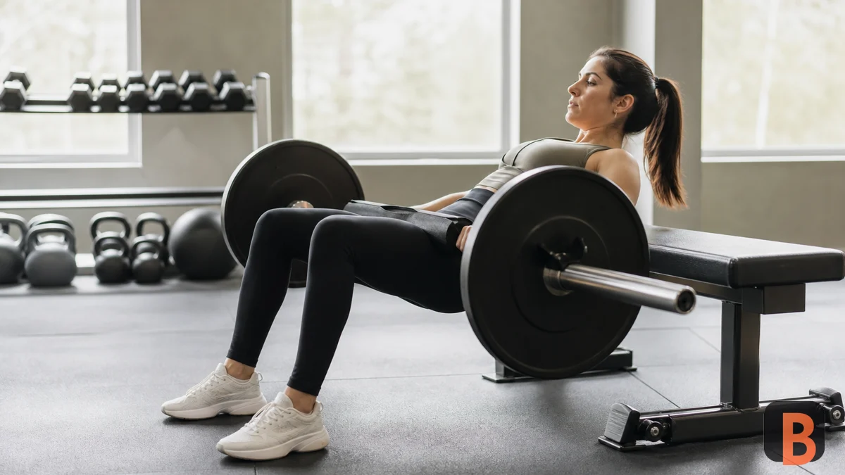 Athlete completes a barbell hip thrust in a modern gym