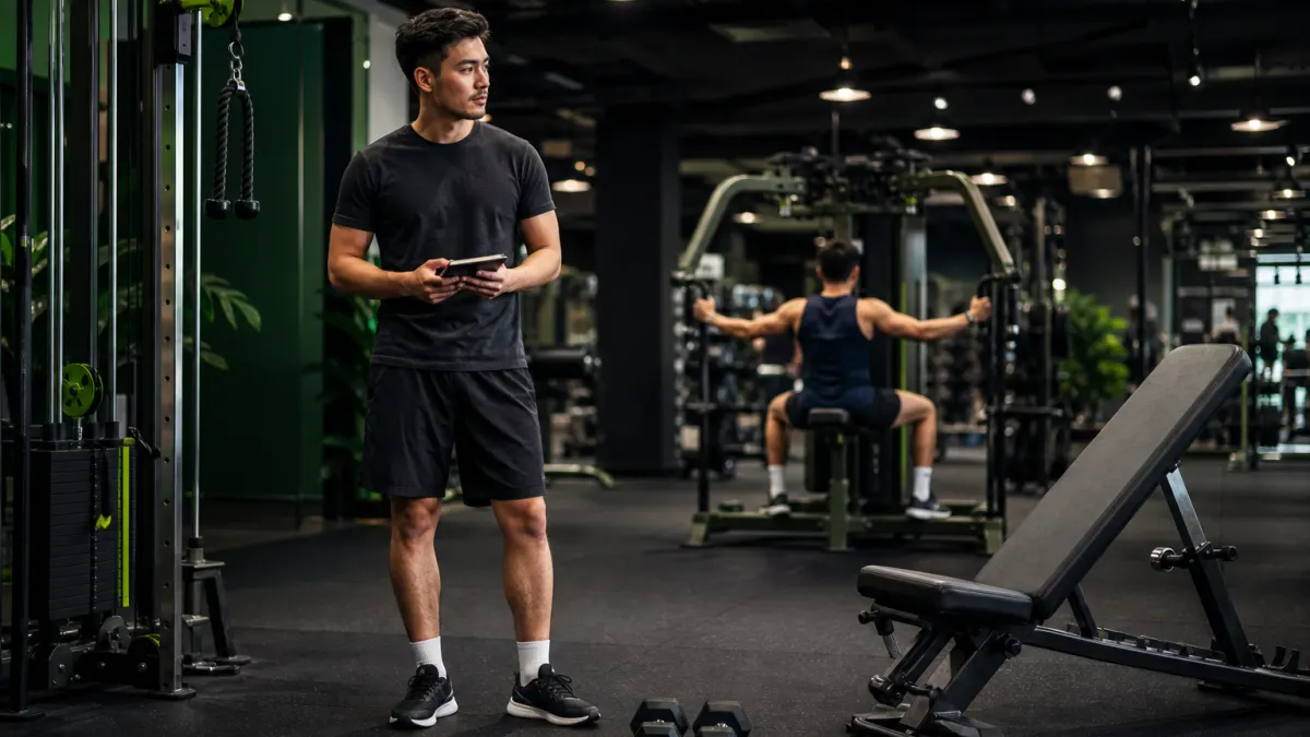 Atleta consultando una tablet junto a una máquina ocupada en el gimnasio