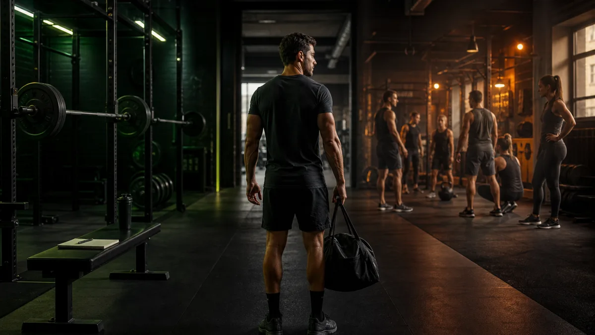 Persona en un gimnasio entre una zona de pesas y un grupo de entrenamiento