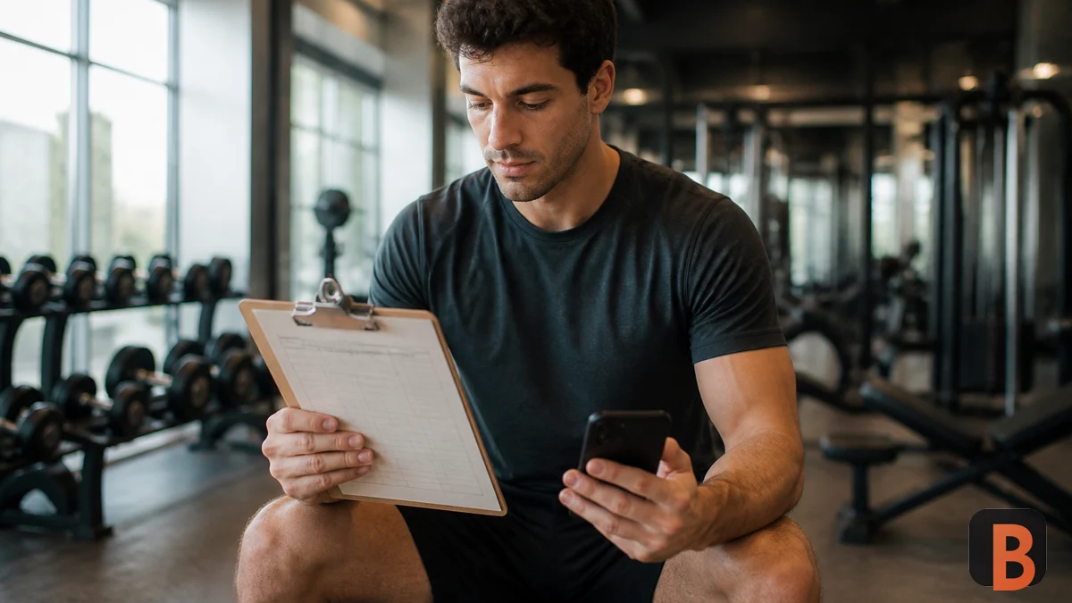 Atleta comparando una rutina escrita con su registro móvil entre series en el gimnasio