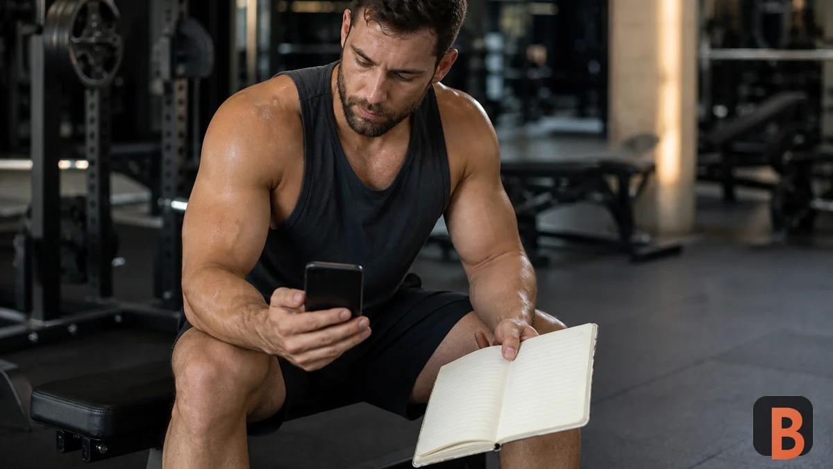 Athlete comparing a mobile log with a training notebook in the gym