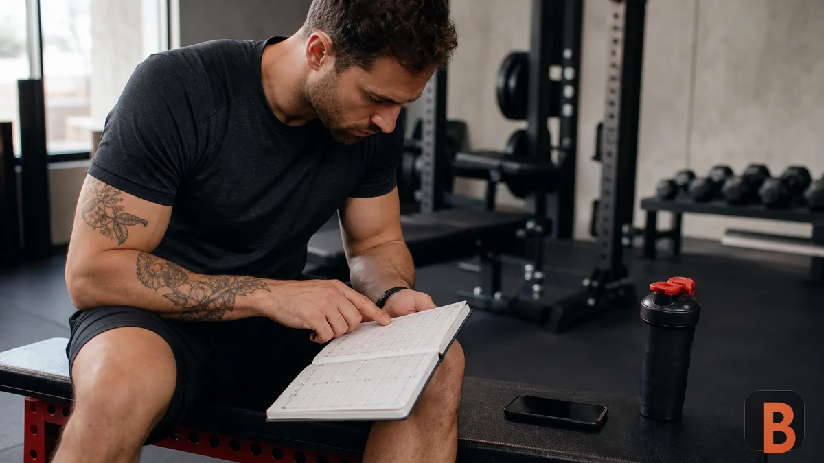 Atleta revisa su registro de entrenamiento sentado junto a material de gimnasio