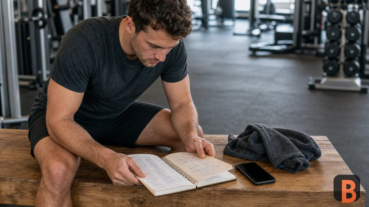 Athlete reviewing an old workout notebook beside a phone on a gym bench