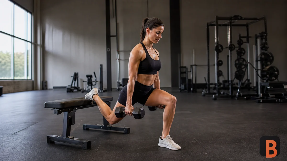 Athlete performs a dumbbell Bulgarian split squat in the gym