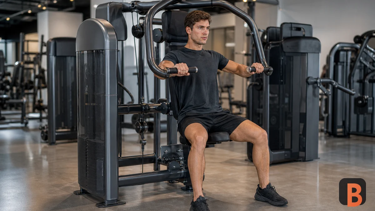 Athlete trains on a guided chest-press machine