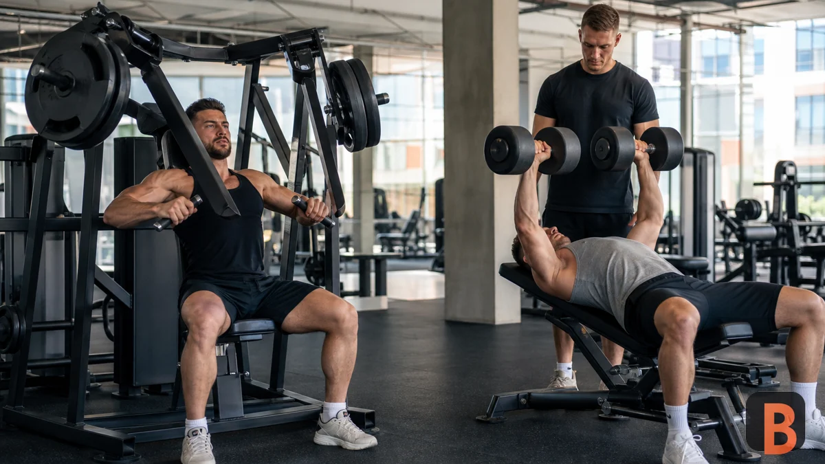 Two athletes train chest with a guided machine and dumbbells in adjacent gym areas