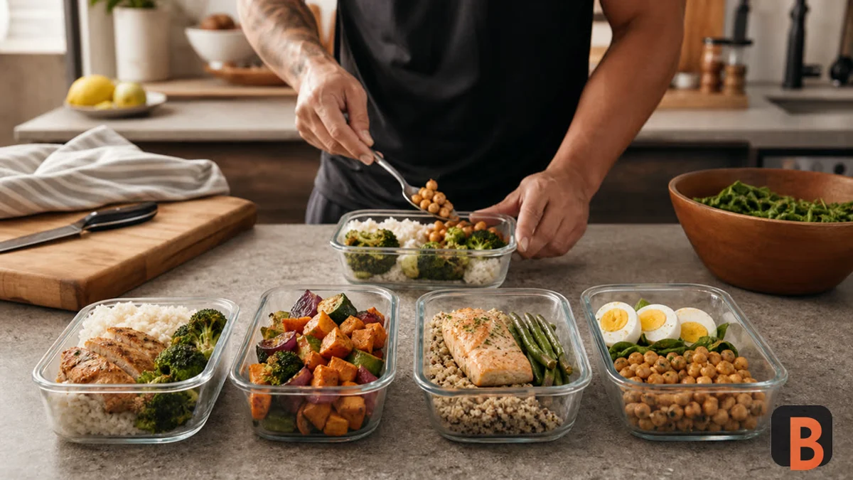 Recipientes de meal prep con arroz verduras y distintas fuentes de proteína