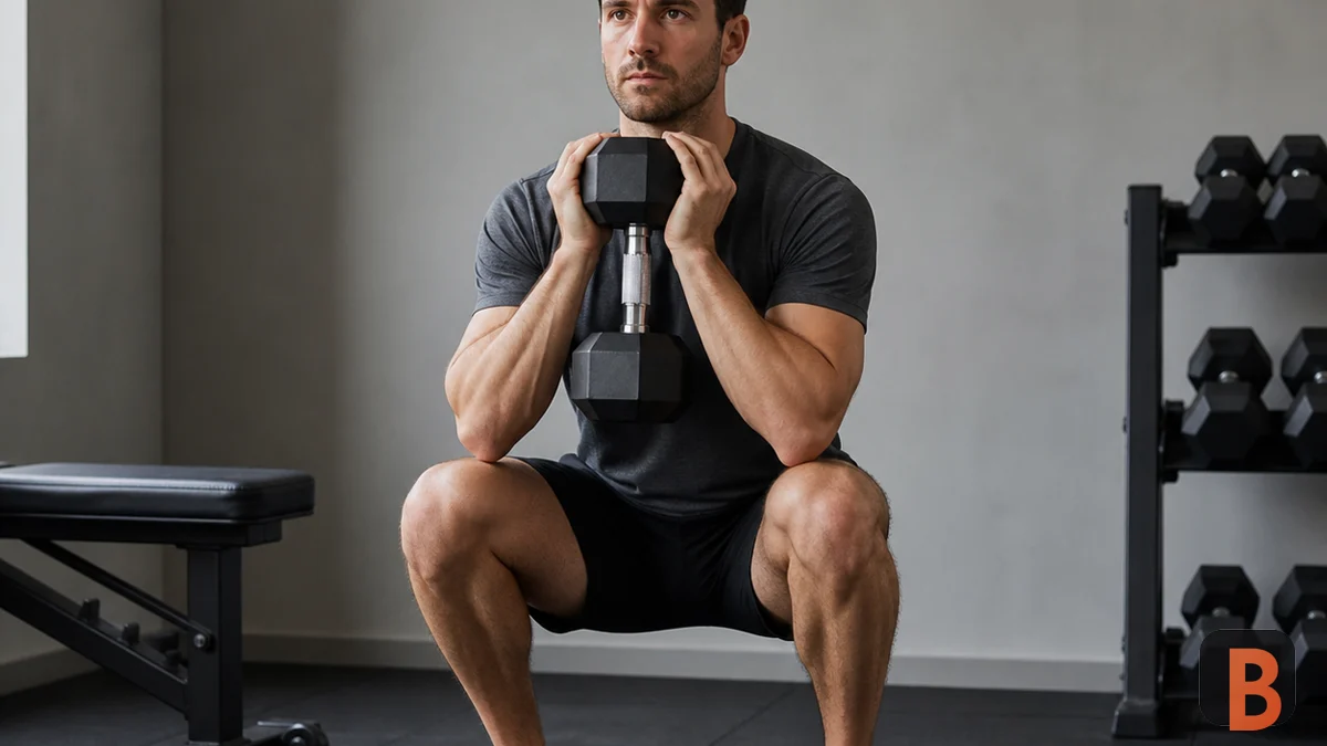 Athlete performs a controlled goblet squat in an uncluttered gym