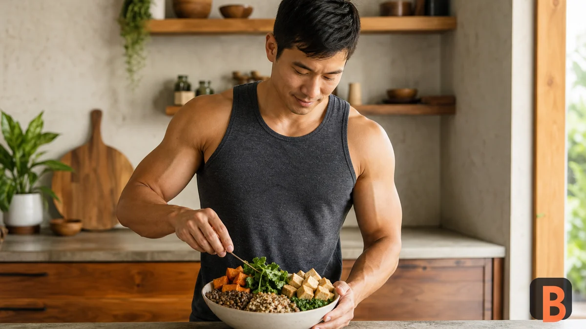 Athlete prepares a plant-based plate with legumes tofu grains and vegetables