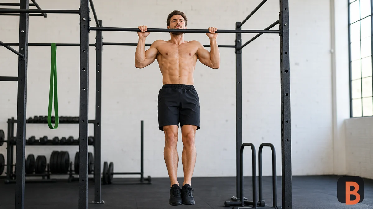 Athlete performing a strict pull-up in a gym calisthenics area