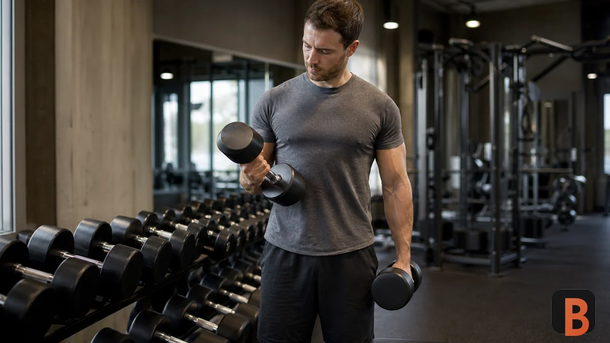 Athlete comparing two dumbbells of different weights beside compatible microplates