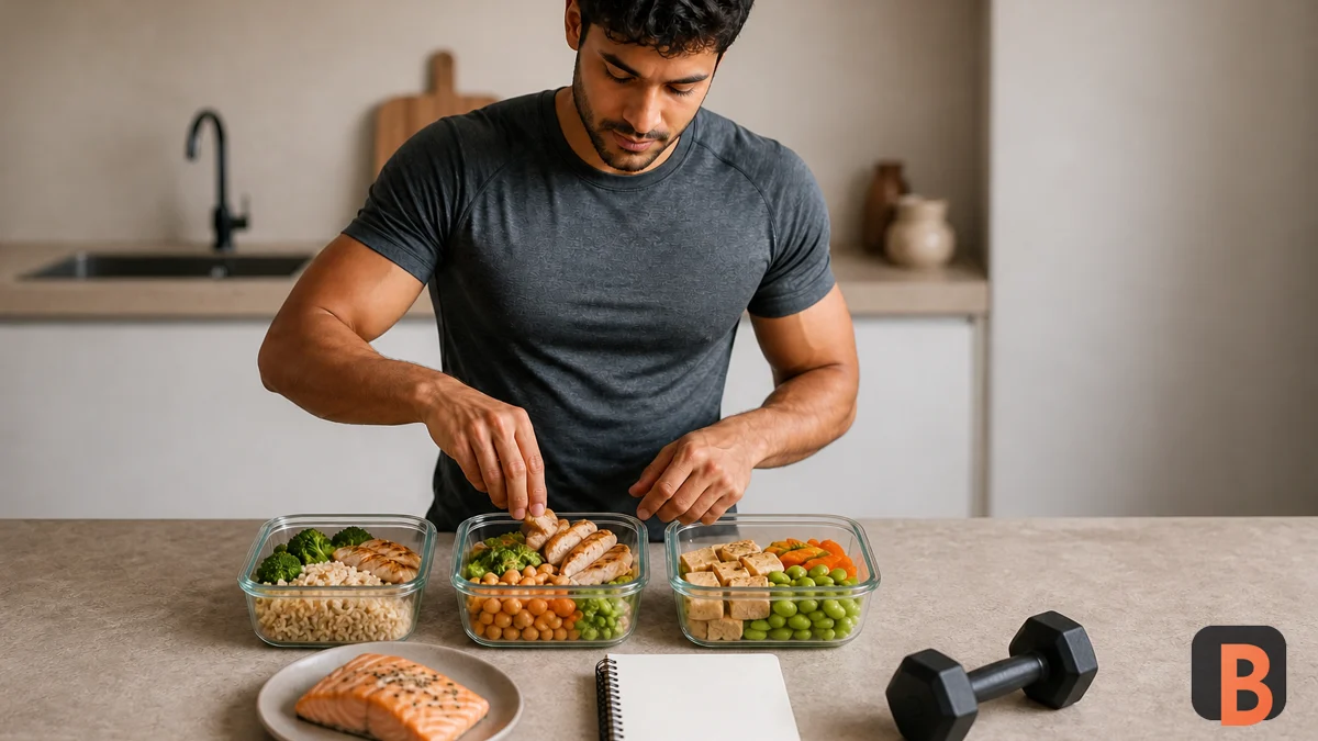 Atleta reparte alimentos ricos en proteína en varios recipientes junto a un cuaderno