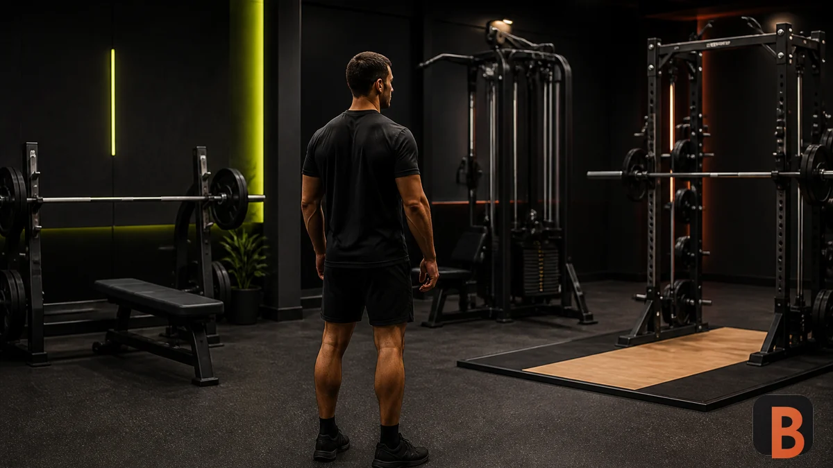 Atleta observa varias estaciones de fuerza antes de organizar su rutina push pull legs