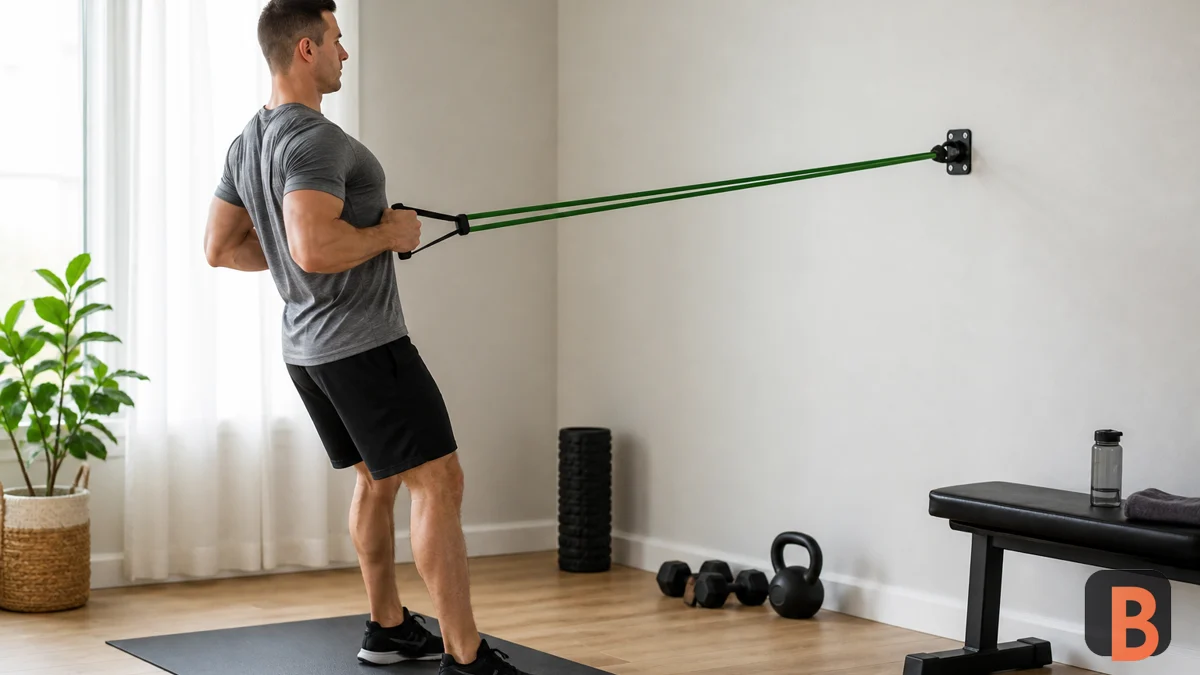 Athlete performs a resistance-band row from a secure home anchor