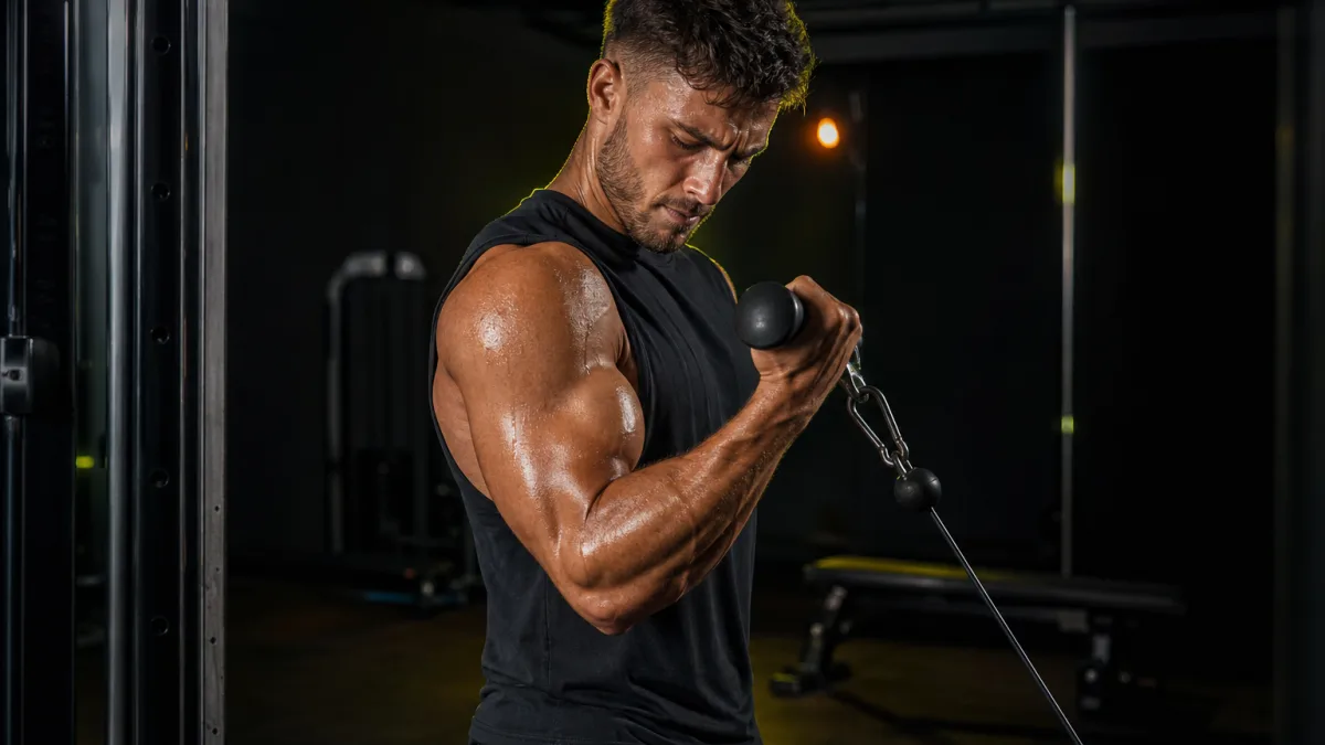 Atleta realizando un curl unilateral en polea durante una serie de fuerza