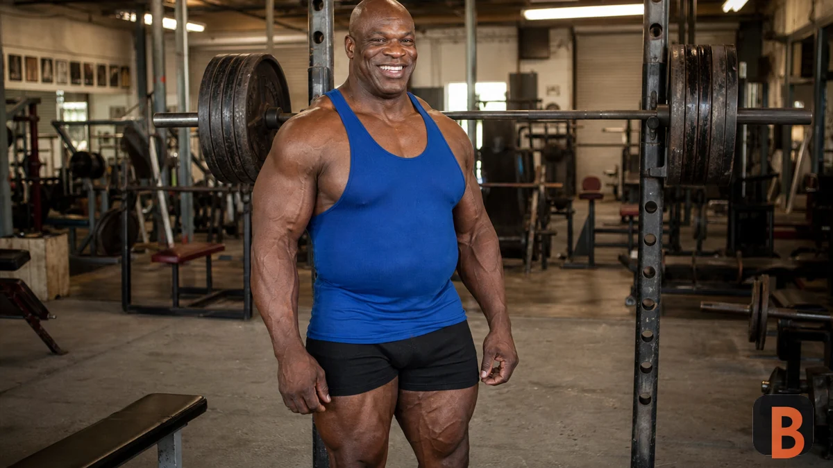 Recreación fotográfica realista de Ronnie Coleman sonriendo y fuerte en un gimnasio